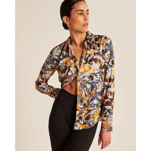 Abercrombie & Fitch Women's Long-Sleeve Satin ABSTRACT PRINT SIZE XS NWOT - Picture 1 of 5